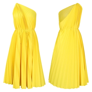Detail of yellow one-shoulder pleated A-line dress with waist drawstring and fine textures