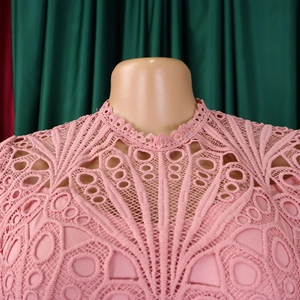 Close-up of pink lace dress featuring intricate floral hollow patterns and stand-up collar
