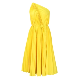 Detail of yellow one-shoulder pleated dress featuring a fine A-line texture and waist tie