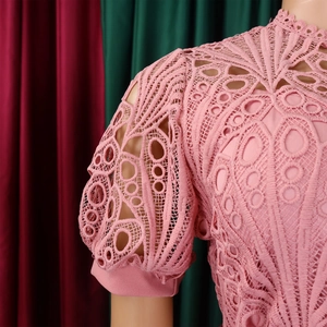 Detail of pink hollow lace embroidery with puff sleeves and stand collar on dress