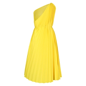 Detail of yellow pleated one-shoulder dress showing textured fabric and cinched waist