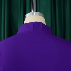 Close-up of stand-up collar and stitching on a deep purple dress with ruffle sleeves