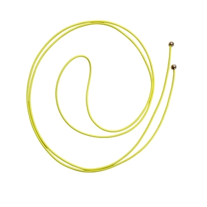 Detail of neon green braided cord with metallic gold spherical end caps for dresses