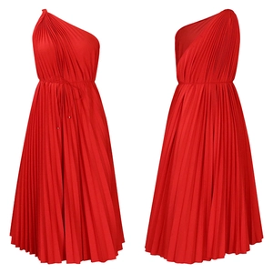 Detailed views of red one-shoulder pleated dress with adjustable waist drawstring