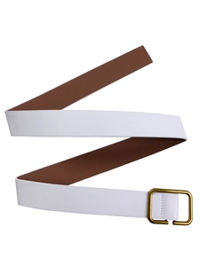 Detail of a two-tone white and brown leather belt featuring a square golden metal buckle