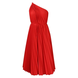Detail of red one-shoulder pleated A-line dress with waist tie and accordion pleats