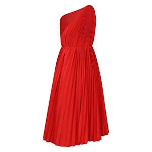 Detail of red one-shoulder pleated maxi dress featuring fine pleats and flared hemline