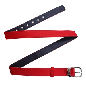 Detail of red canvas belt with silver pin buckle and reinforced metal eyelets