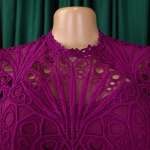 Detail of purple lace dress neckline with intricate floral embroidery and stand-up collar