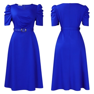 Detail of royal blue V-neck dress with pleated puff sleeves and adjustable metal buckle belt
