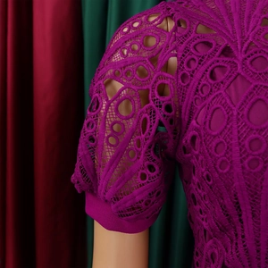Detail showing the intricate purple lace pattern and pleated sleeve of the dress