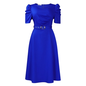 Close-up of royal blue dress featuring elegant V-neck and belt with silver buckle detail