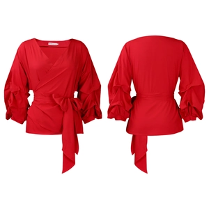 Detailed front and back view of red wrap top with deep V-neck and puff sleeves