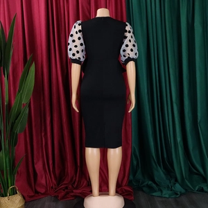 Detail view of the back showing invisible zipper and polka dot mesh puff sleeves on midi dress