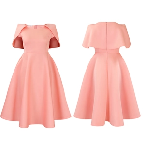 Détail de la robe rose à manches cape avec taille ajustée et fermeture éclair au dos