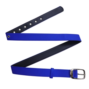 Detail of royal blue woven waist belt with silver buckle and reinforced metal eyelets