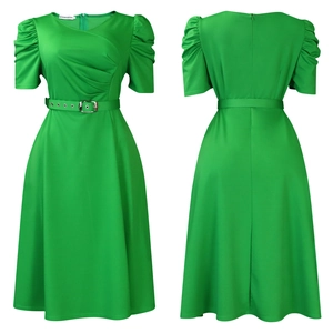 Detail of green V-neck A-line dress with puff sleeves and matching belt with metal eyelets