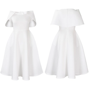 Robe de soirée blanche élégante à cape avec silhouette trapèze et fermeture éclair cachée