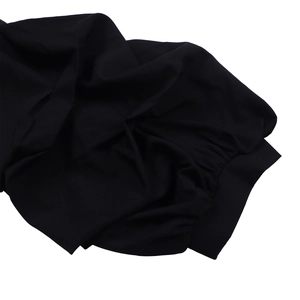 Detail shot of the black off-shoulder top showing elastic ribbed cuff and knitted texture