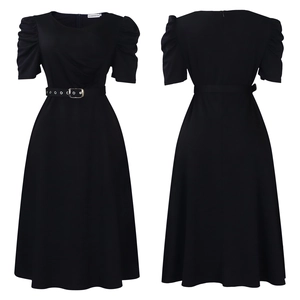 Detail of elegant V-neck dress with pleated puff sleeves and metal buckle belt