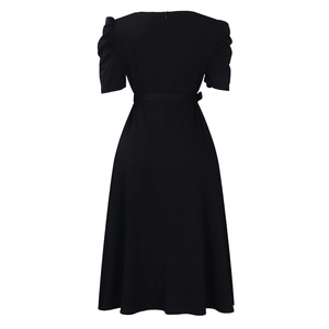 Detailed back view of a black V-neck dress featuring elegant puff sleeves and a cinched waist