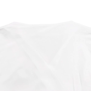 Detail shot of the white off-shoulder shirt neckline showing fine fabric texture and stitching