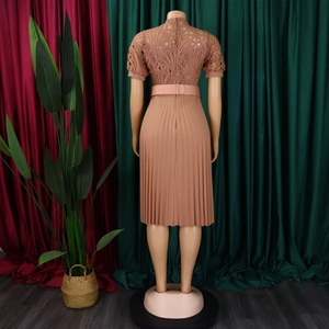 Back view of pleated lace midi dress with short sleeves and a matching leather belt