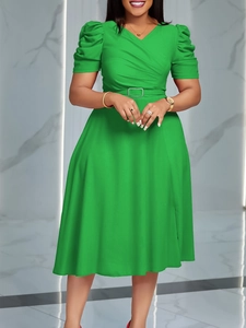 Elegant green V-neck A-line dress with puff sleeves and waist belt for women