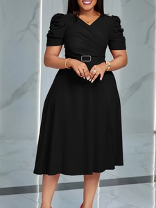 Elegant black V-neck A-line midi dress with puffed sleeves and buckled waist belt