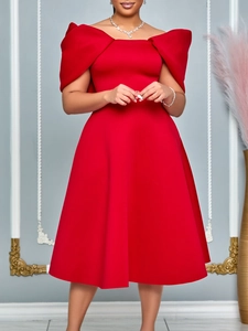Robe Midi Élégante à Épaules Dénudées pour Femmes en Polyester Élasthanne Tissé Ligne A Robe de Soirée de Banquet Avec Manches à Nœud Sexy Couleur Unie