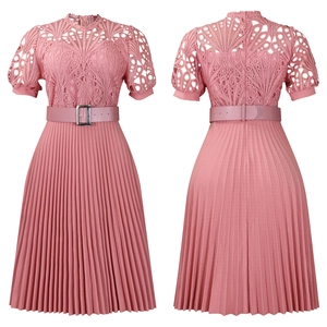 Close-up of lotus pink lace patchwork and pleated texture on short sleeve dress