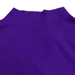 Macro view of high-neck collar and stitching on deep purple woven fabric dress