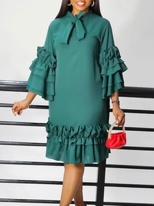Women Elegant Polyester Spandex Ruffle Flared Sleeve Dress Bow Knot Neckline Solid Color Midi Dress Party Casual Apparel