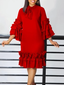 Elegant red summer dress with large bow collar and layered ruffle flare sleeves