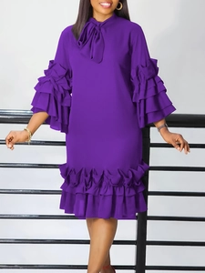 Fashionable purple ruffle sleeve dress with bow neckline and loose fit for summer