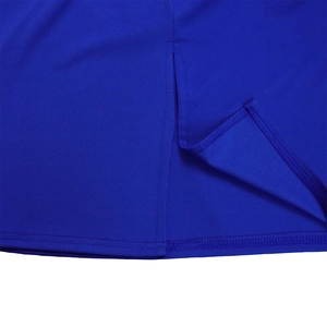 Detail view of royal blue dress showing high-quality stitching and elegant side slit hem