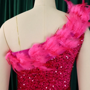 Detail eines pinkfarbenen Paillettenkleides mit asymmetrischem Ausschnitt und Federn