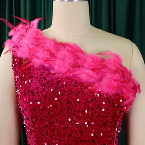 Nahaufnahme von rosapinkfarbenen Pailletten und Federbesatz am One-Shoulder-Abendkleid