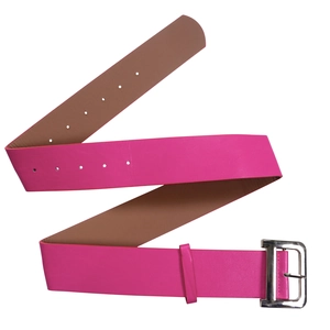 Detailed macro shot of the magenta lace dress belt with silver D-ring buckle