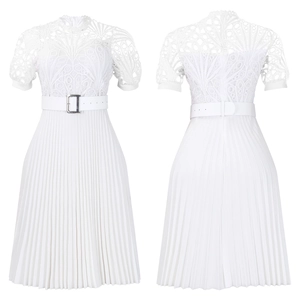 Detail of white midi dress with hollow lace pattern, waist belt, and pleated skirt