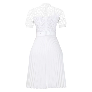 Detail of white lace bodice and pleated back design on an elegant short sleeve dress