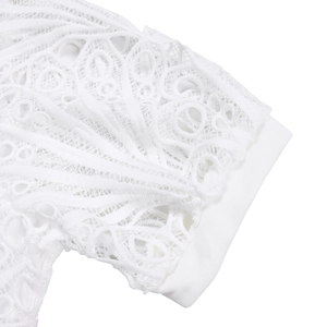 Close-up of white lace sleeve detailing with intricate floral hollow patterns for dresses
