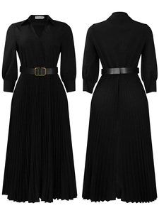Front and back view of a black pleated maxi dress with gold buckle belt and V-neckline