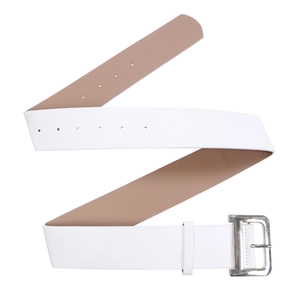 Detail view of white leather dress belt with a silver square buckle and adjustable holes