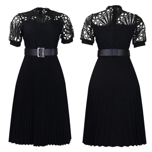 Detailed front and back view of black lace patchwork pleated dress with silver buckle belt