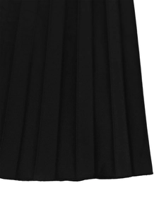 Detailed close-up of elegant black pleated fabric with precise accordion folds and hem