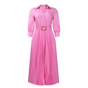 Detail of pink pleated long sleeve dress featuring a lapel collar and golden buckle belt