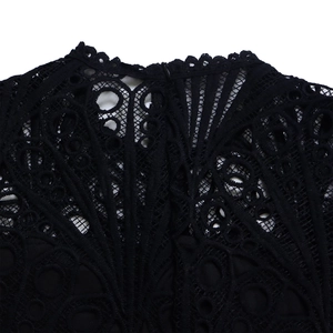 Detailed macro view of black hollow lace neckline with intricate floral embroidery and zip