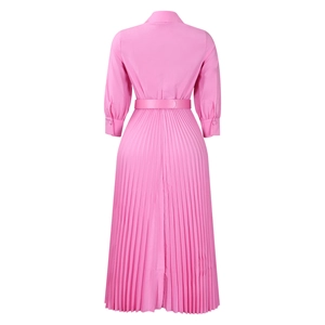 Detailed back view of a pink long-sleeved pleated dress with a matching waist belt