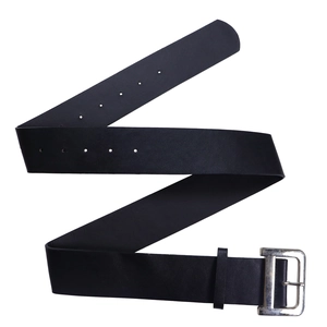 Detail view of the black leather waist belt featuring a silver rectangular metal pin buckle
